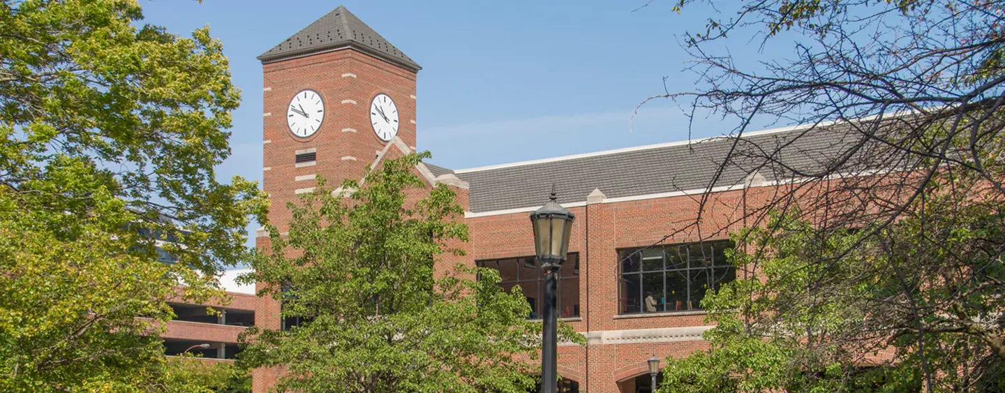 A view of Moody Bible Institute's plaza with the clocktower in the background